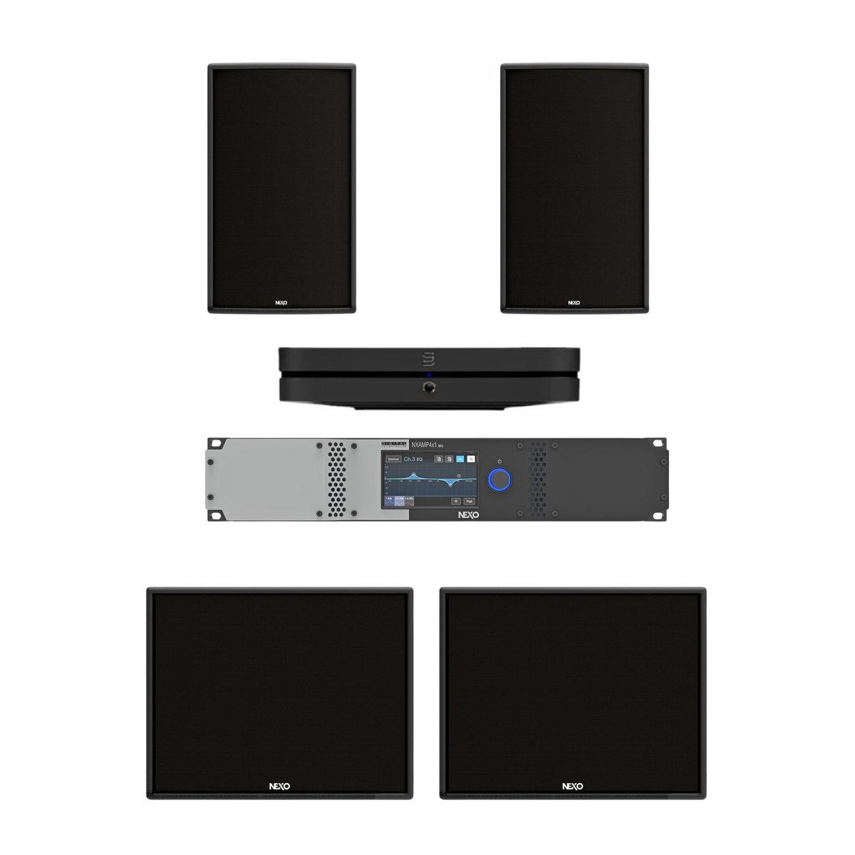 Combo de Audio NEXO ePS10-EN54 + eLS600 con Bluesound Node