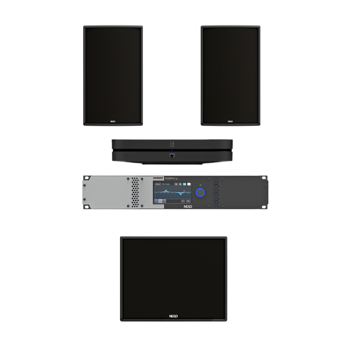 Combo de Audio NEXO ePS10-EN54 + eLS600 con Bluesound Node